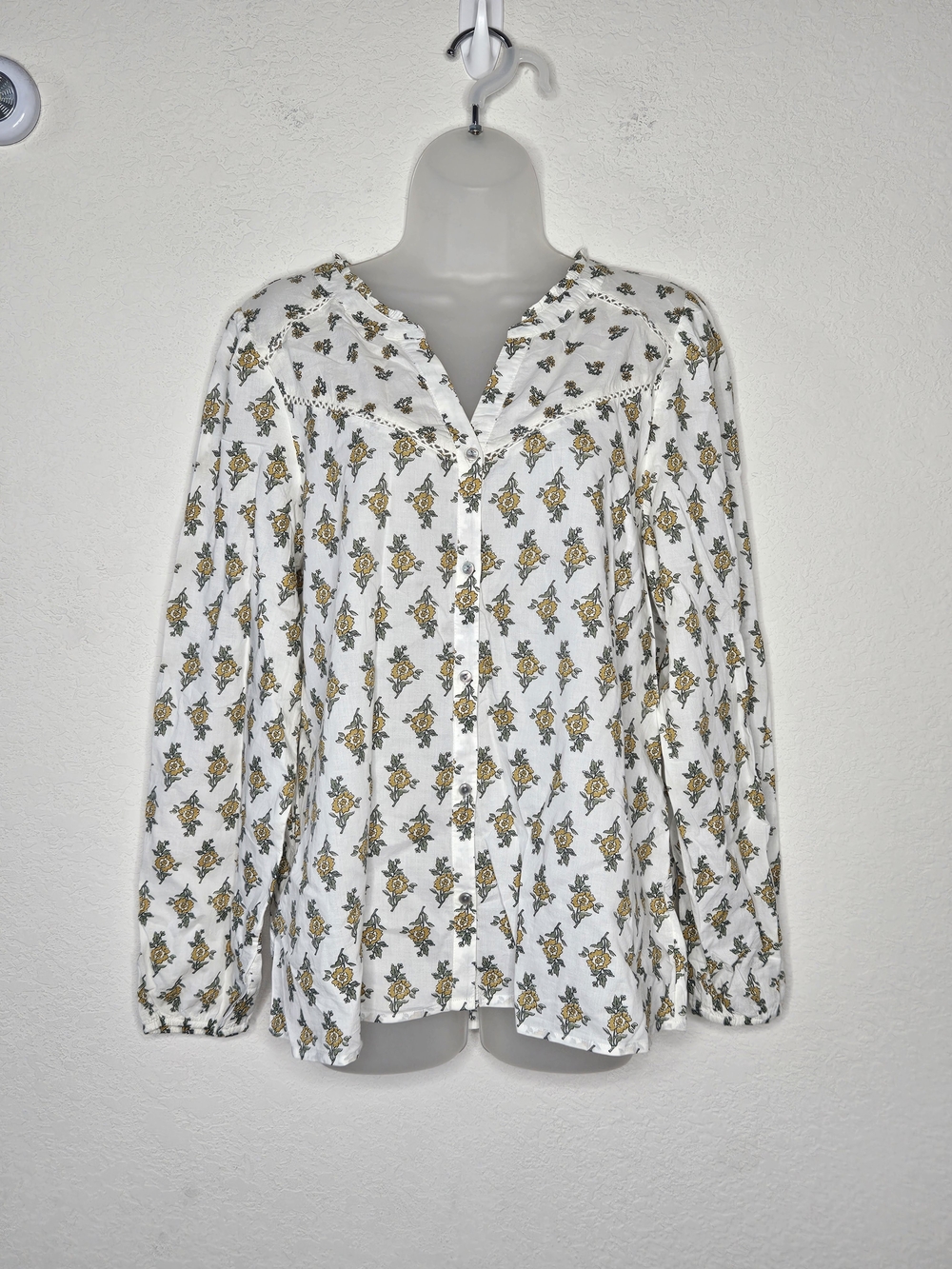 Lucky Brand Floral Cotton Button Front Boho Blouse Size L Cottagecore Prairie